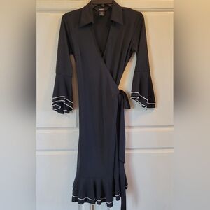 Vintage Express Collared Black White Trim Ruffle Poet Sleeve True Wrap Dress